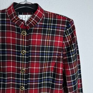 Doncaster Red Plaid Wool Lambswool Blazer Jacket Mandarin Collar Womens 10P USA